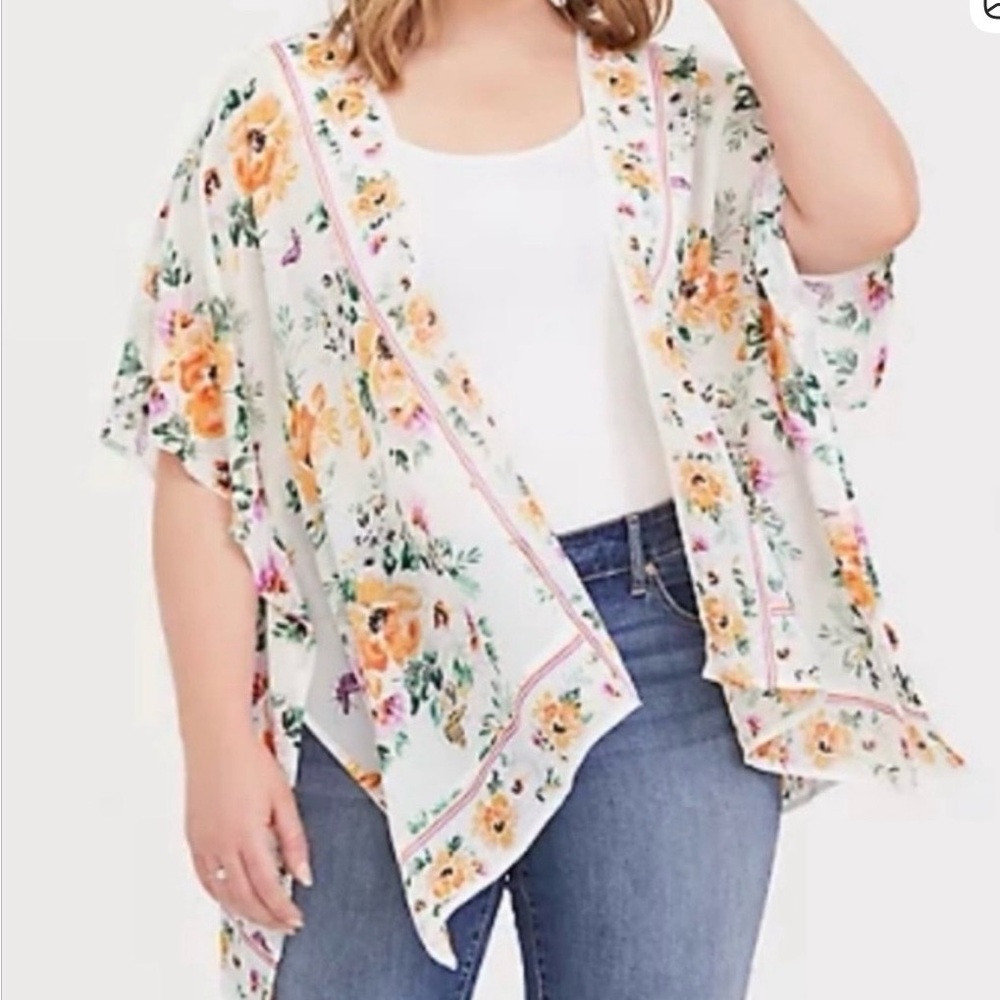 torrid White Floral Kimono with Yellow & Pink Blooms